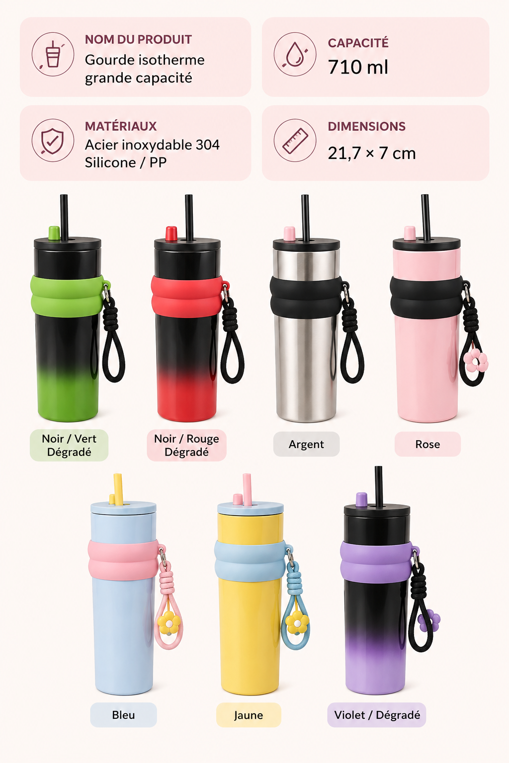 Gourde Isotherme Inox 710 ml paille, poignée / The Bottle Planet