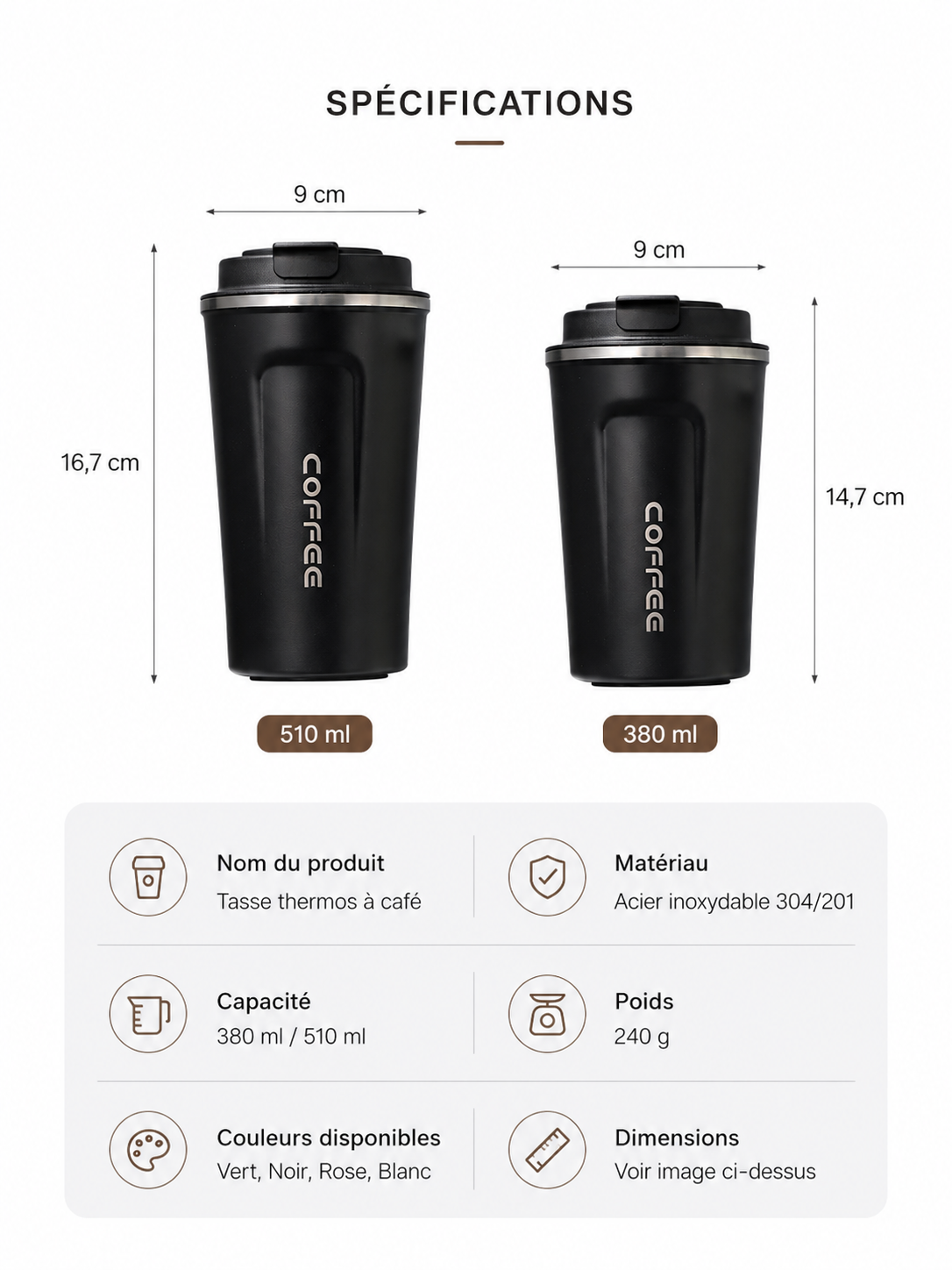 Mug isotherme en acier inoxydable Ecran LCD 380 ml et 510 ml