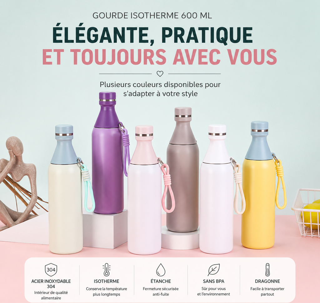 Gourde Isotherme Inox 600 ml avec dragonne