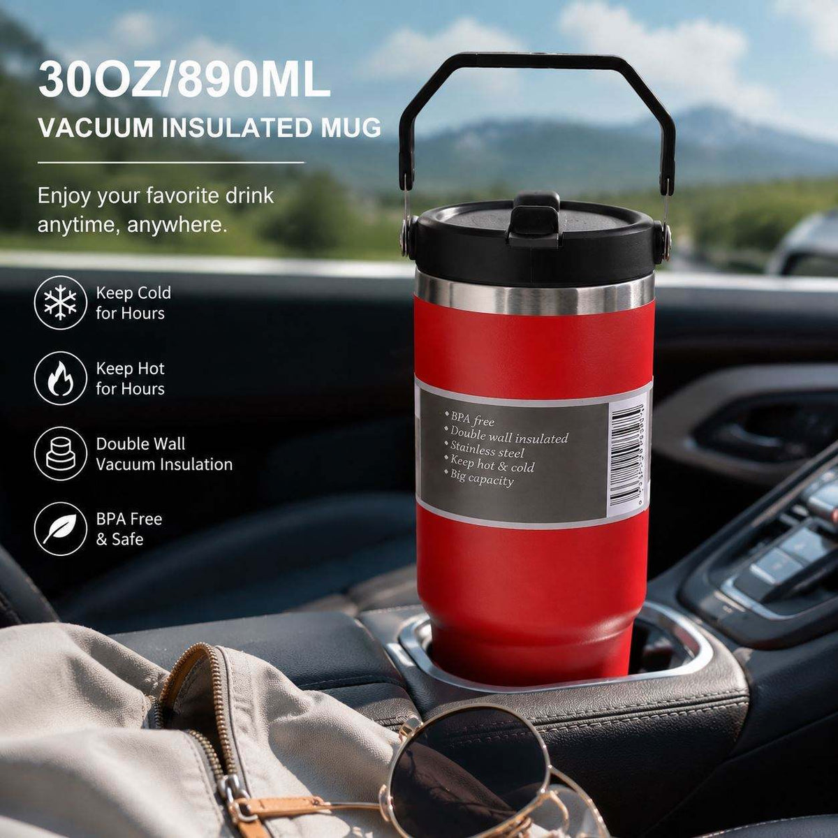 Gourde isotherme inox avec poignée, 20oz - 30oz (6OO-900 ml)
